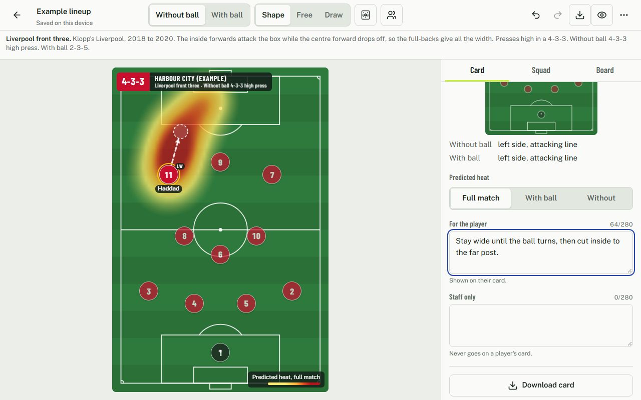 The board: a 4-3-3 with a winger selected, showing a predicted heat map and their role card.