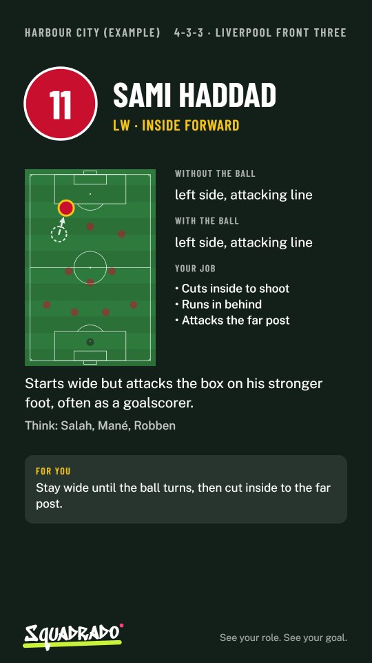 A role card for a left winger, ready to send to the player.